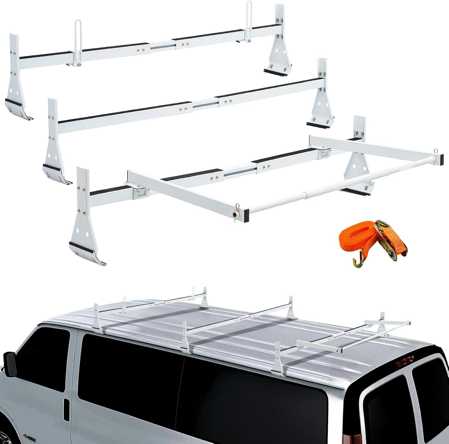 Universal Van Roof Ladder Racks with Rear Roller, Adjustable 57\'\'-65\'\' with Ladd Universal Van Roof Ladder Racks with Rear Roller, Adjustable 57\'\'-65\'\' with Ladd