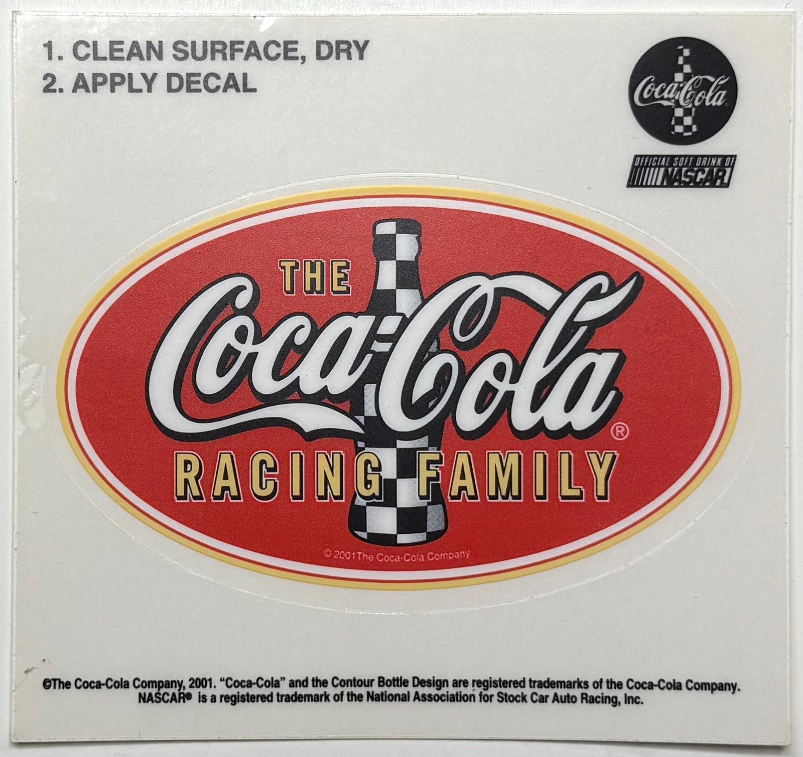 2001 THE COCA-COLA RACING FAMILY OFFICIAL SOFT DRINK OF NASCAR DECAL STICKER NOS