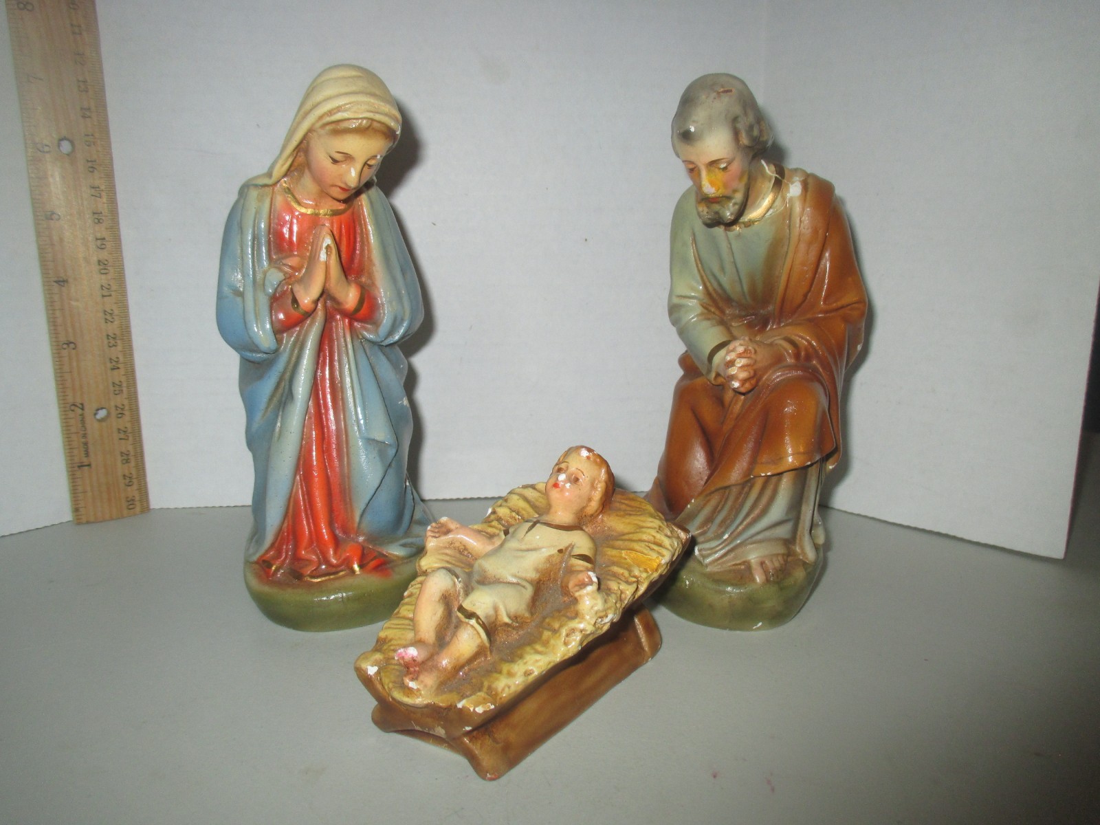 Germany Antique 1920-40s Nativity Jesus Mary Joseph Chalkware 12\