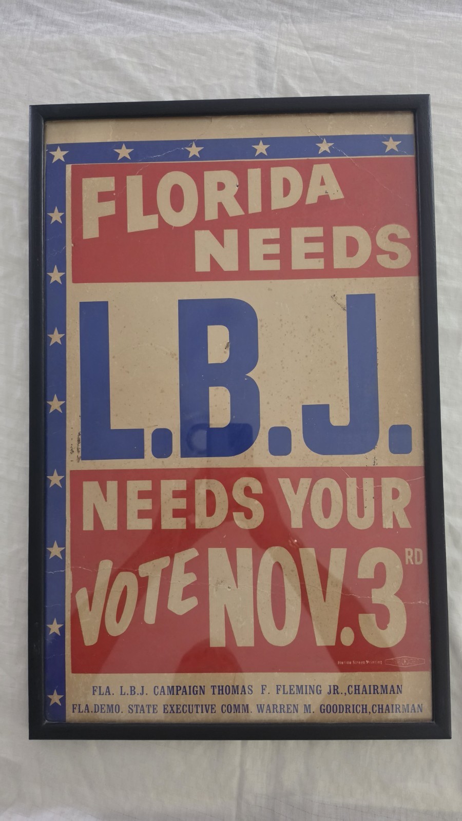 🇺🇸 1964 LBJ Florida Campaign Poster Framed Vintage Presidential Political...