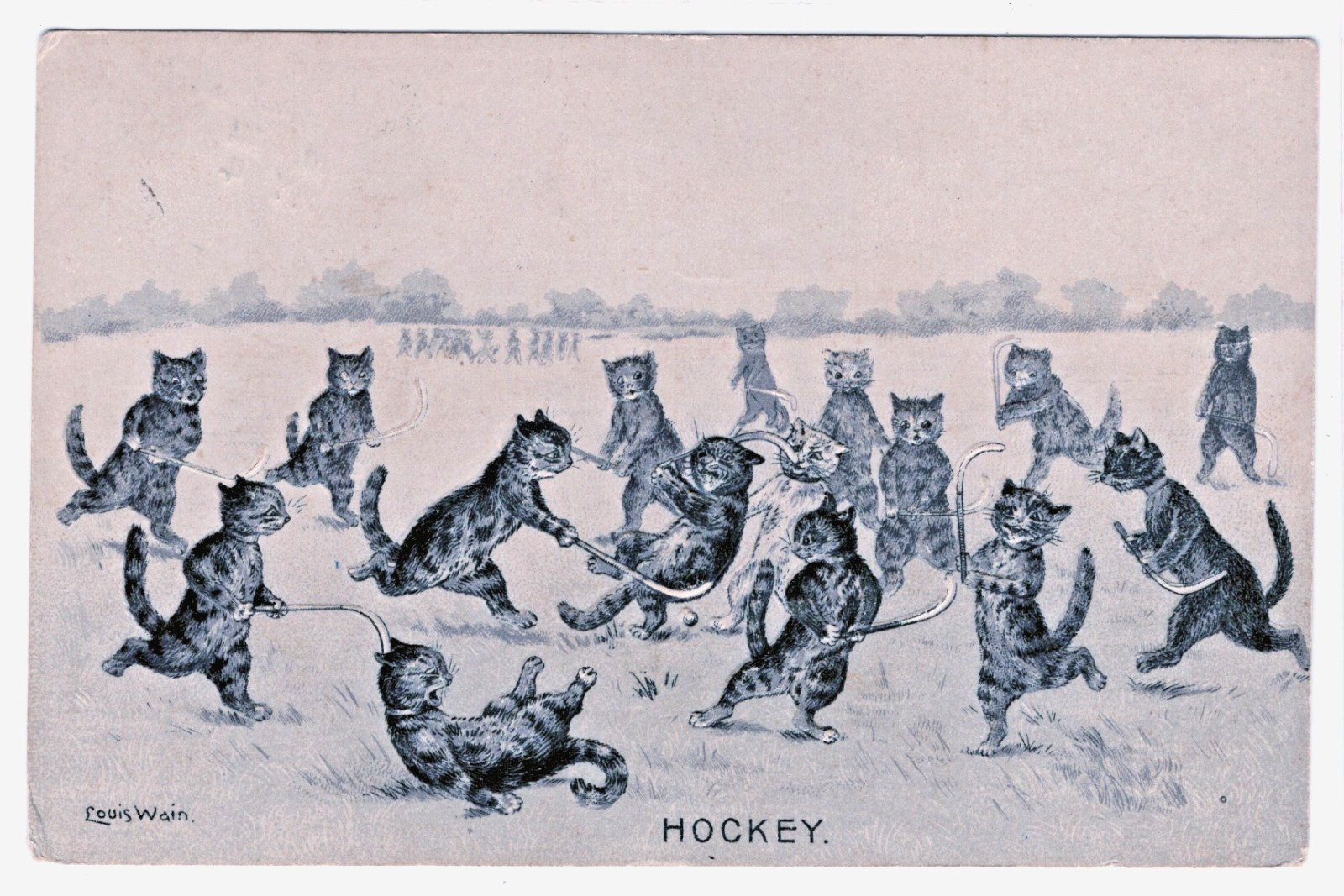 Louis Wain Art Signed Cat HOCKEY Anthropomorphic Sports Hartmann Emboss Postcard