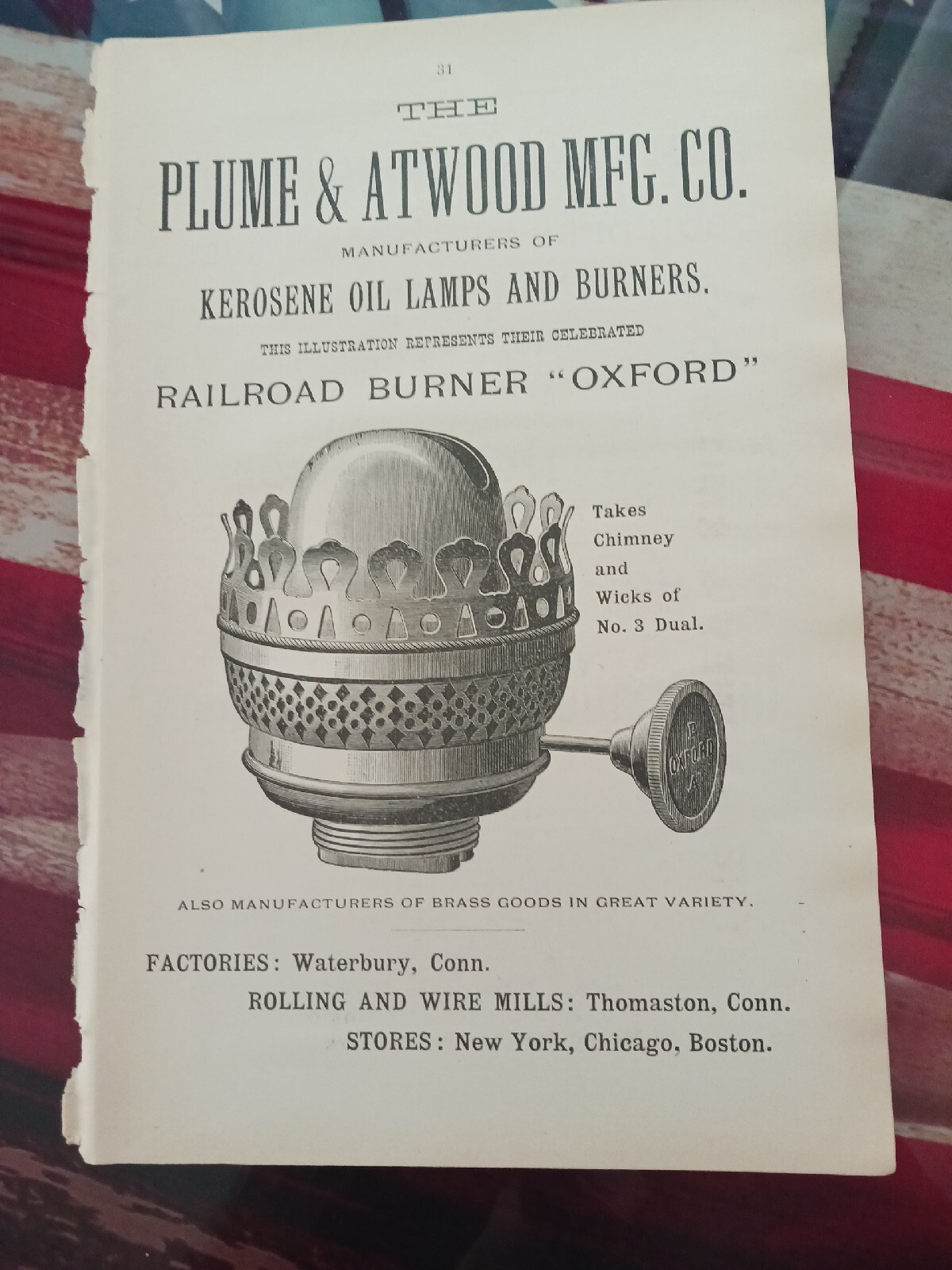 ☆1898 Orginal Print Ad PLUME & ATWOOD kerosene Oil Lamps Oxford Railroad Burner