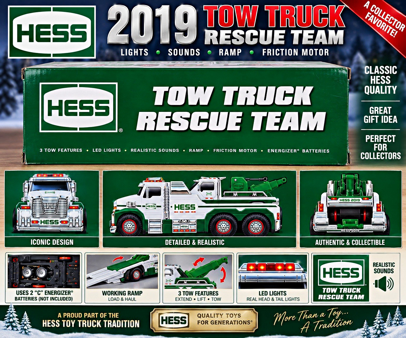 2019 Hess Tow Truck Rescue Team NEW In Box Lights Sounds Collector Toy Truck