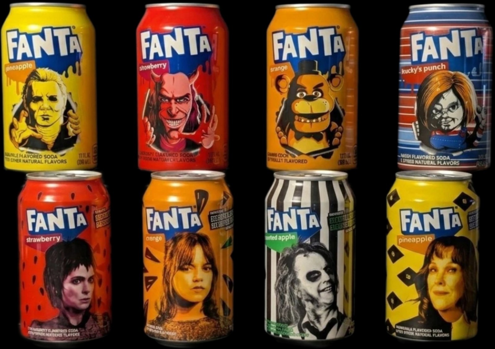 Ultimate Fanta Horror Movie Soda 8-Can Set Beetlejuice Blumhouse FNAF Chucky Ultimate Fanta Horror Movie Soda 8-Can Set Beetlejuice Blumhouse FNAF Chucky