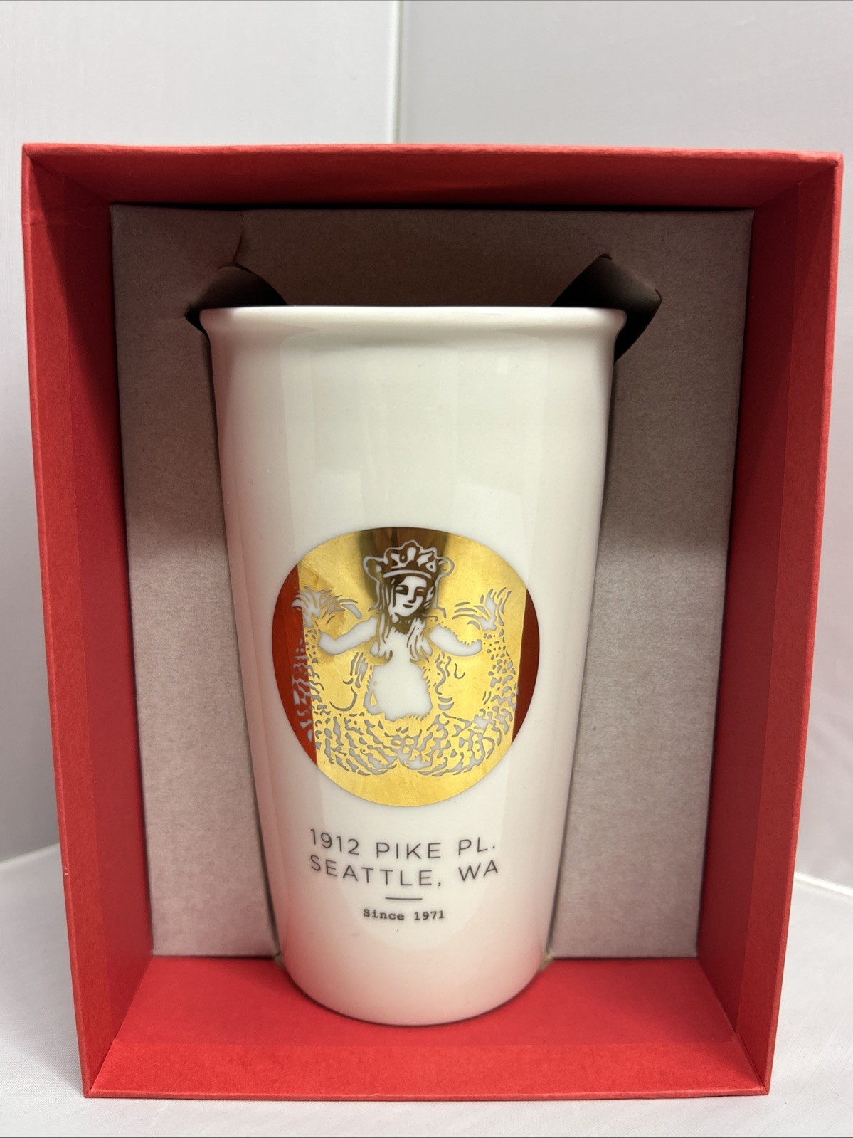 Starbucks 1912 Pike Place Seattle Gold Siren 12oz Ceramic Travel Tumbler NIB