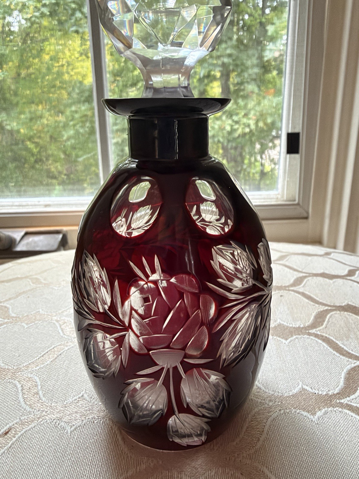 Antique Bohemian/ Ruby Red Cut to Clear Roses Peonies Perfume Bottle Antique Bohemian/ Ruby Red Cut to Clear Roses Peonies Perfume Bottle