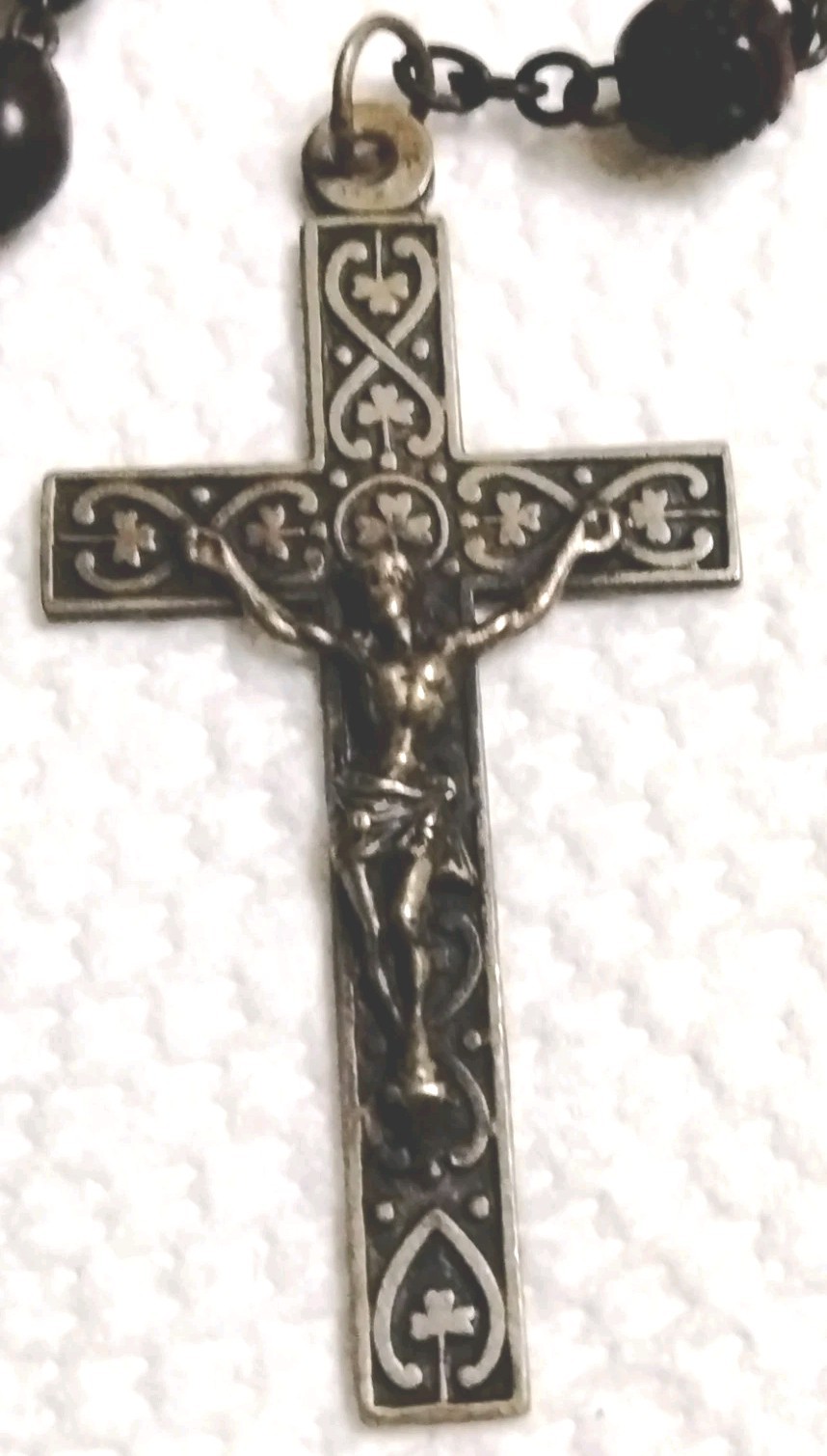 Antique 1800's Irish Rosewood Blessed Rosary Celtic Knot & Clover Crucifix