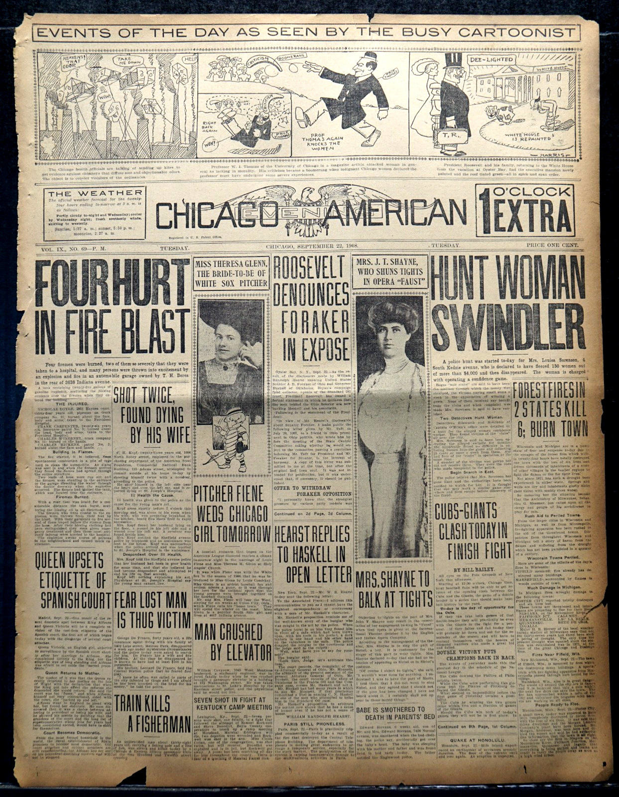 1908 Chicago Newspaper Front & Sports Pages - Cubs & New York Giants Clash