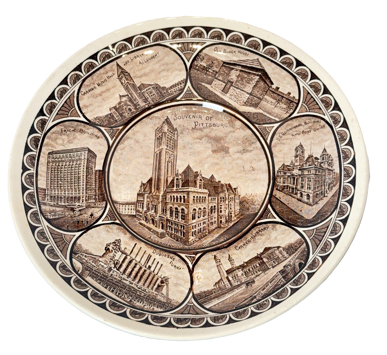 PITTSBURGH Pennsylvania PA Antique BROWN TRANSFERWARE ROYAL ALMA Souvenir PLATE PITTSBURGH Pennsylvania PA Antique BROWN TRANSFERWARE ROYAL ALMA Souvenir PLATE