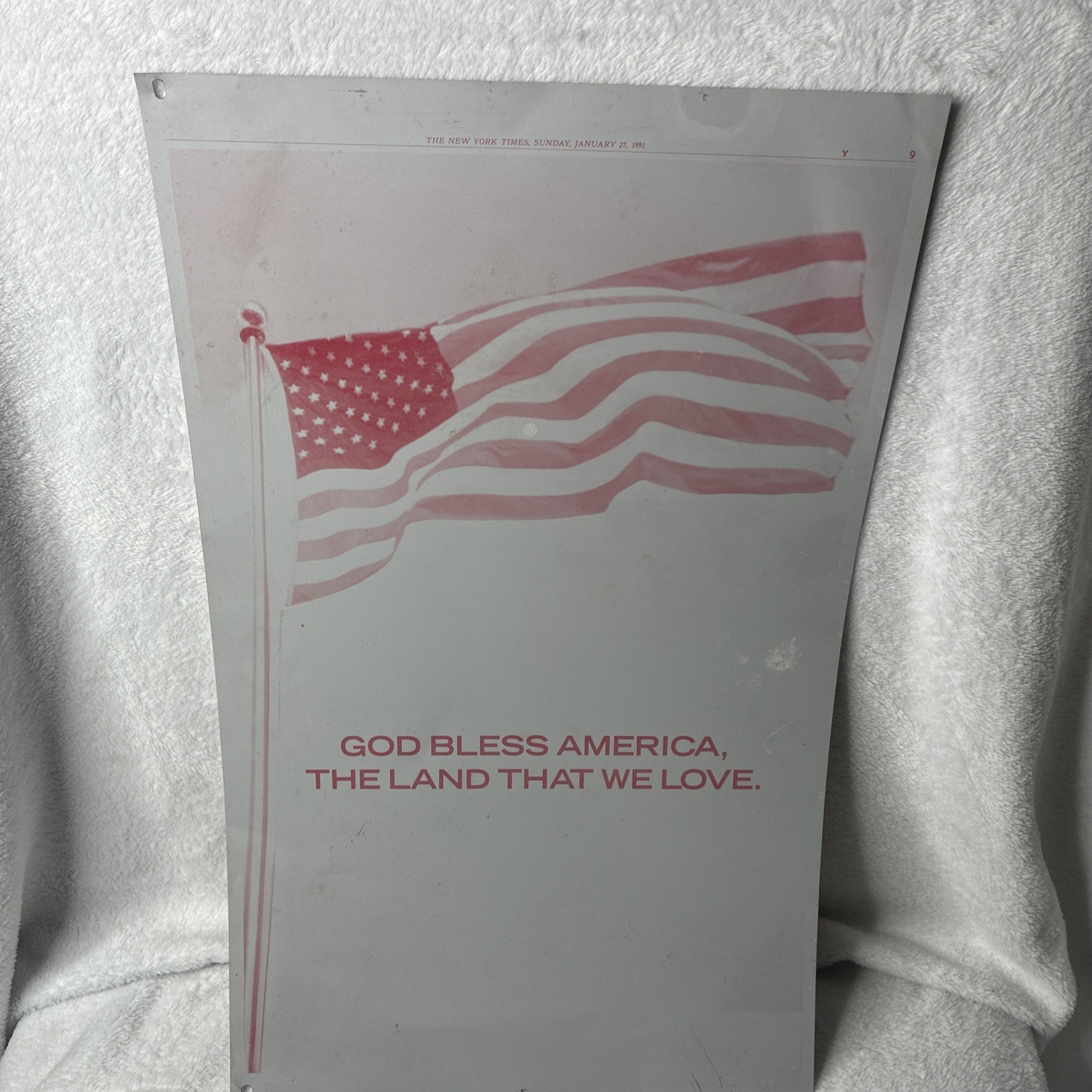 1991 New York Times Printing Plate God Bless America Flag Gulf War Jan 27 NYT