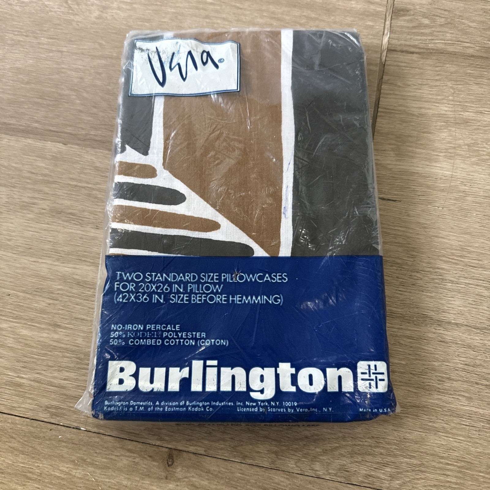 Vintage 70's Vera Neumann Burlington Two Standard  SIZE Pillowcases Brown Black
