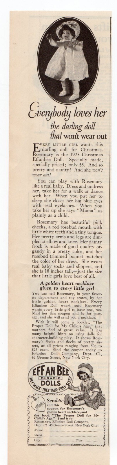 1925 Effanbee Doll Co Rosemary Golden Heart Necklace Nursery Art Deco Ad