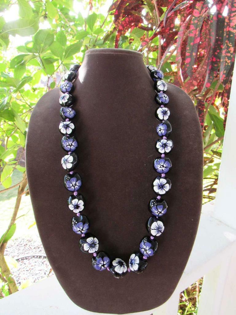 NEW Black Kukui Painted White & Purple Flowers ~ Hawaii Luau Wedding Graduation