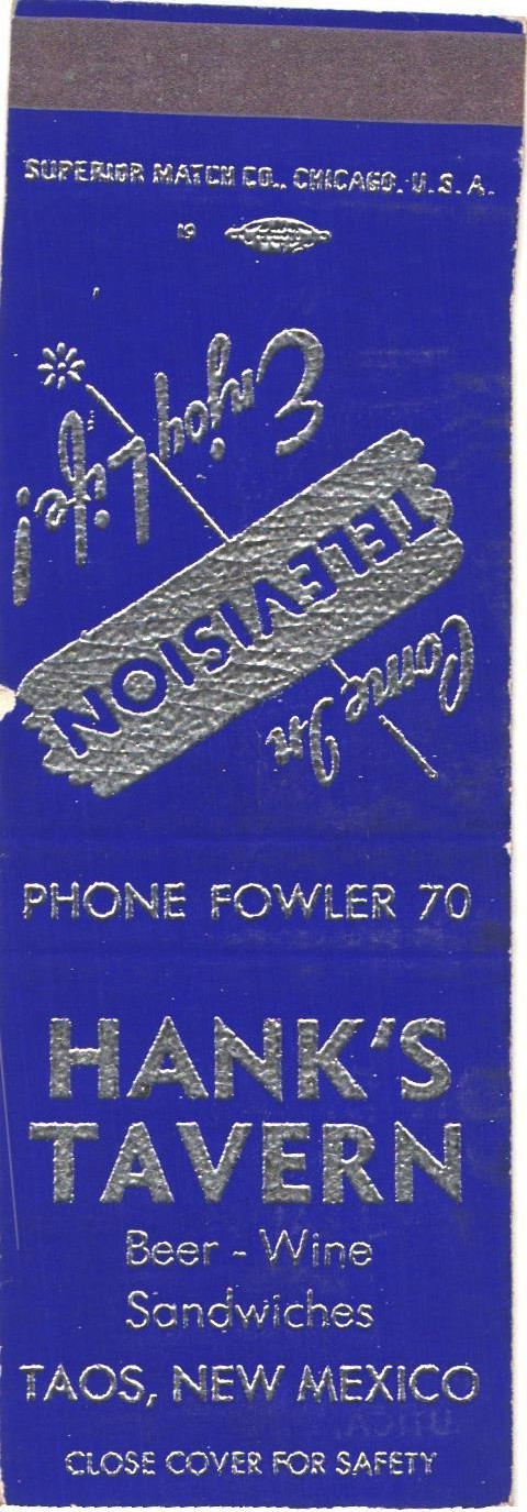 Hank\'s Tavern Taos NM Vintage Matchbook Cover 1940s-50s Television Hank\'s Tavern Taos NM Vintage Matchbook Cover 1940s-50s Television