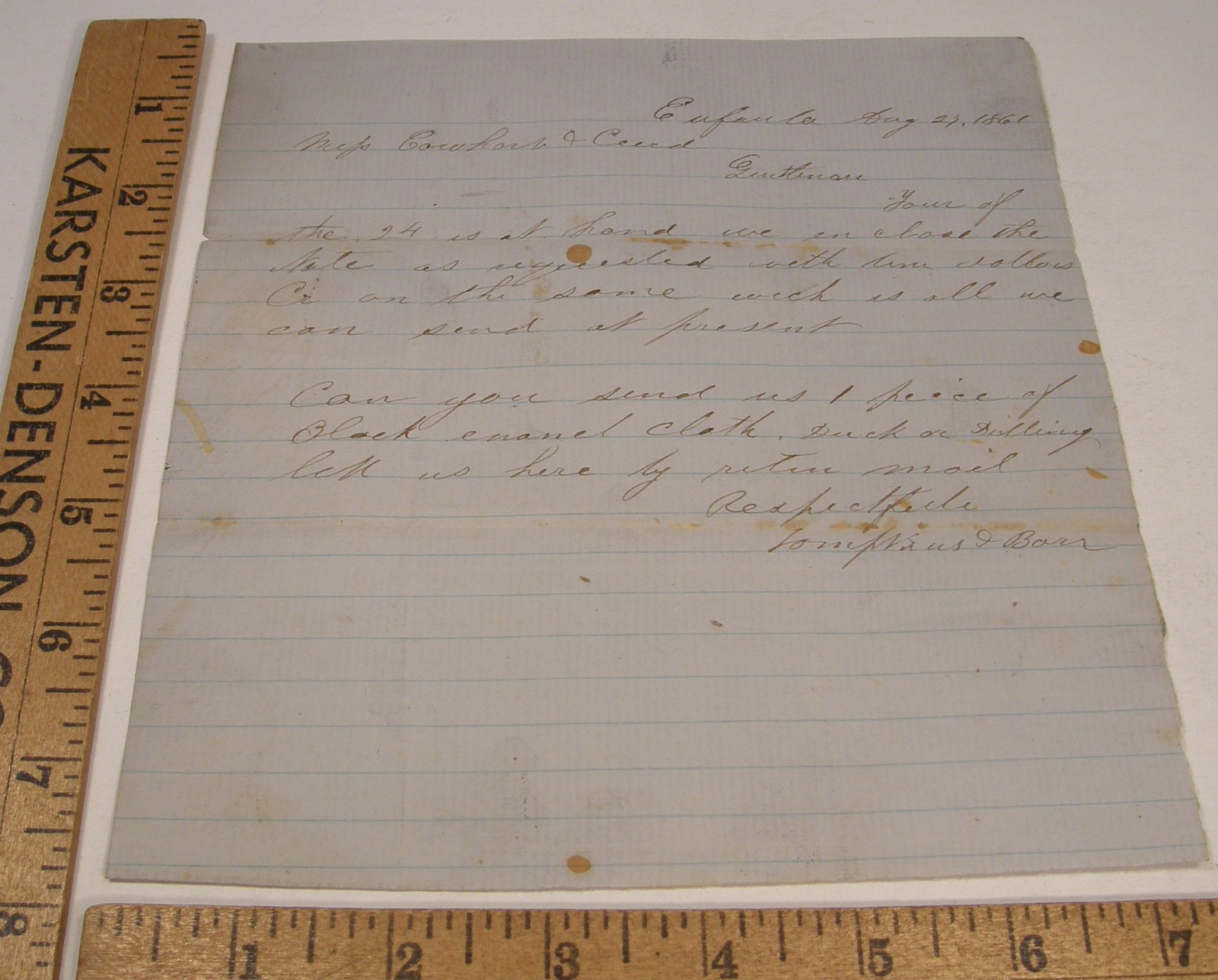 ANTIQUE 1861 LETTER TOMPKINS & BARR EUFALA ALABAMA ANTIQUE 1861 LETTER TOMPKINS & BARR EUFALA ALABAMA