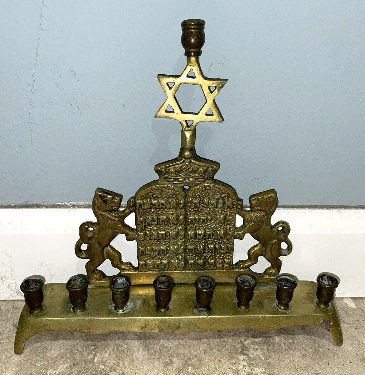 Menorah Brass Rampant Lions European Bench Style 20th Century Jewish Judaica Wow