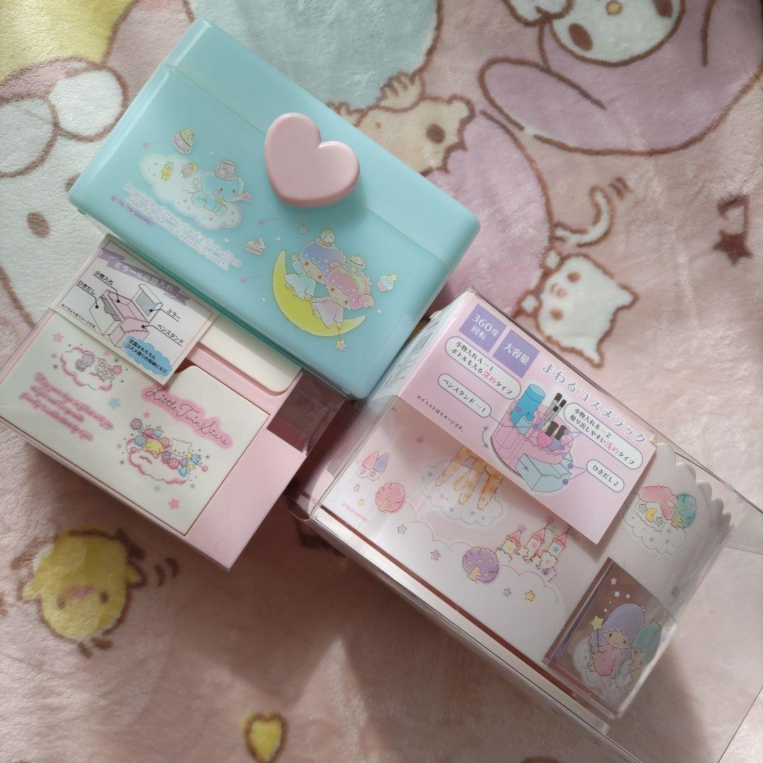 Sanrio Little Twin Stars 3pc Set Mirror Box Pen Stand Cosmetic Rack Pink Blue