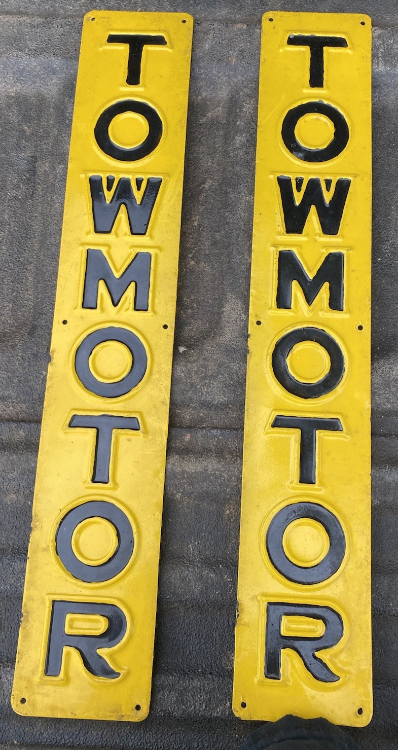 Vintage 1940S-50S Industrial Vertical Towmotor Signs  3X 17.5  Lot Of 2