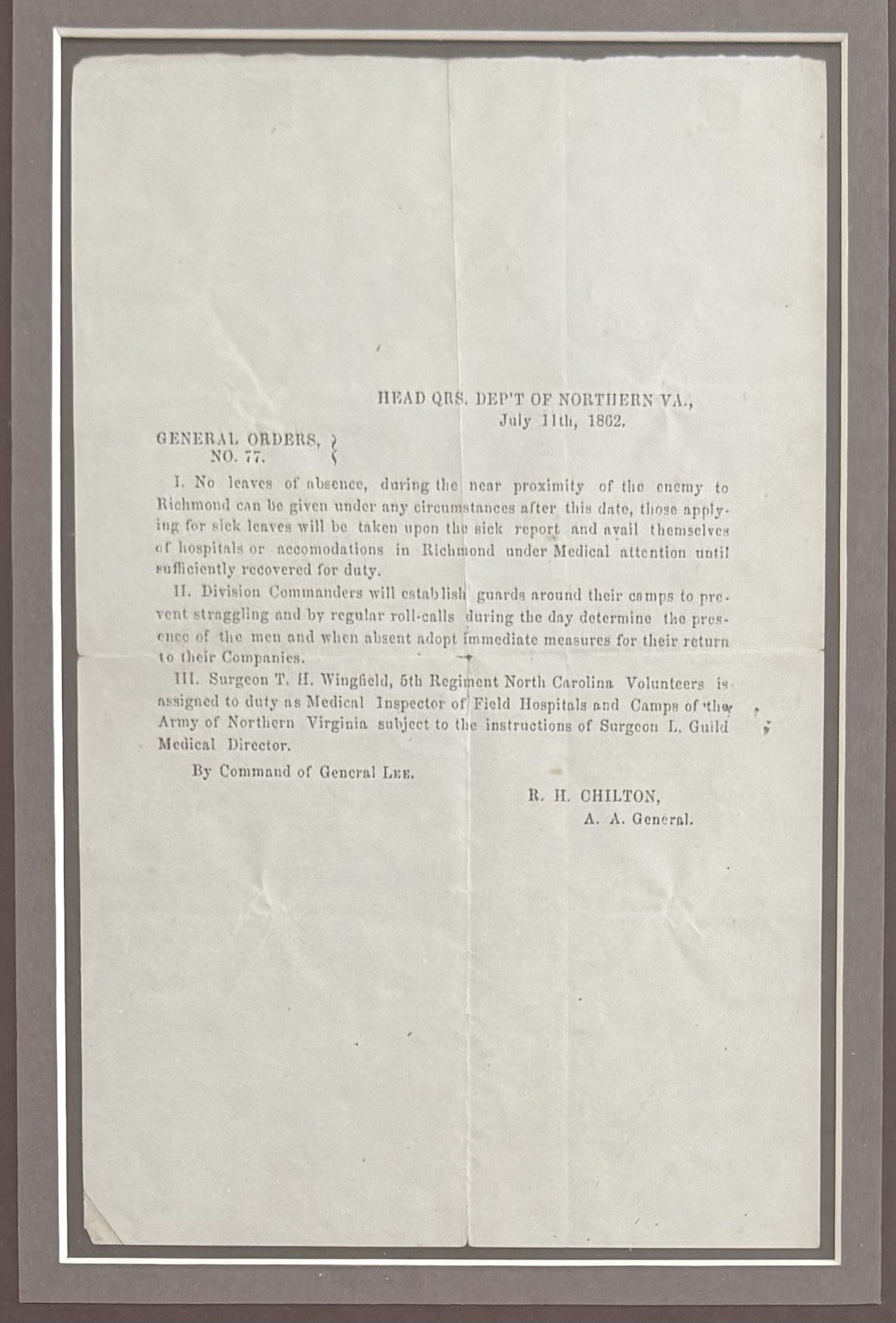 General Order #77 By Robert E Lee, 1862