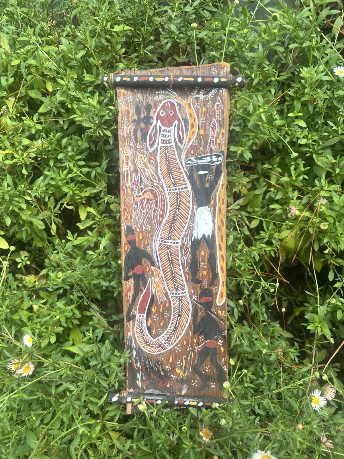 Vintage Rainbow Serpent Motif  Australian Aboriginal Bark Painting Signed
