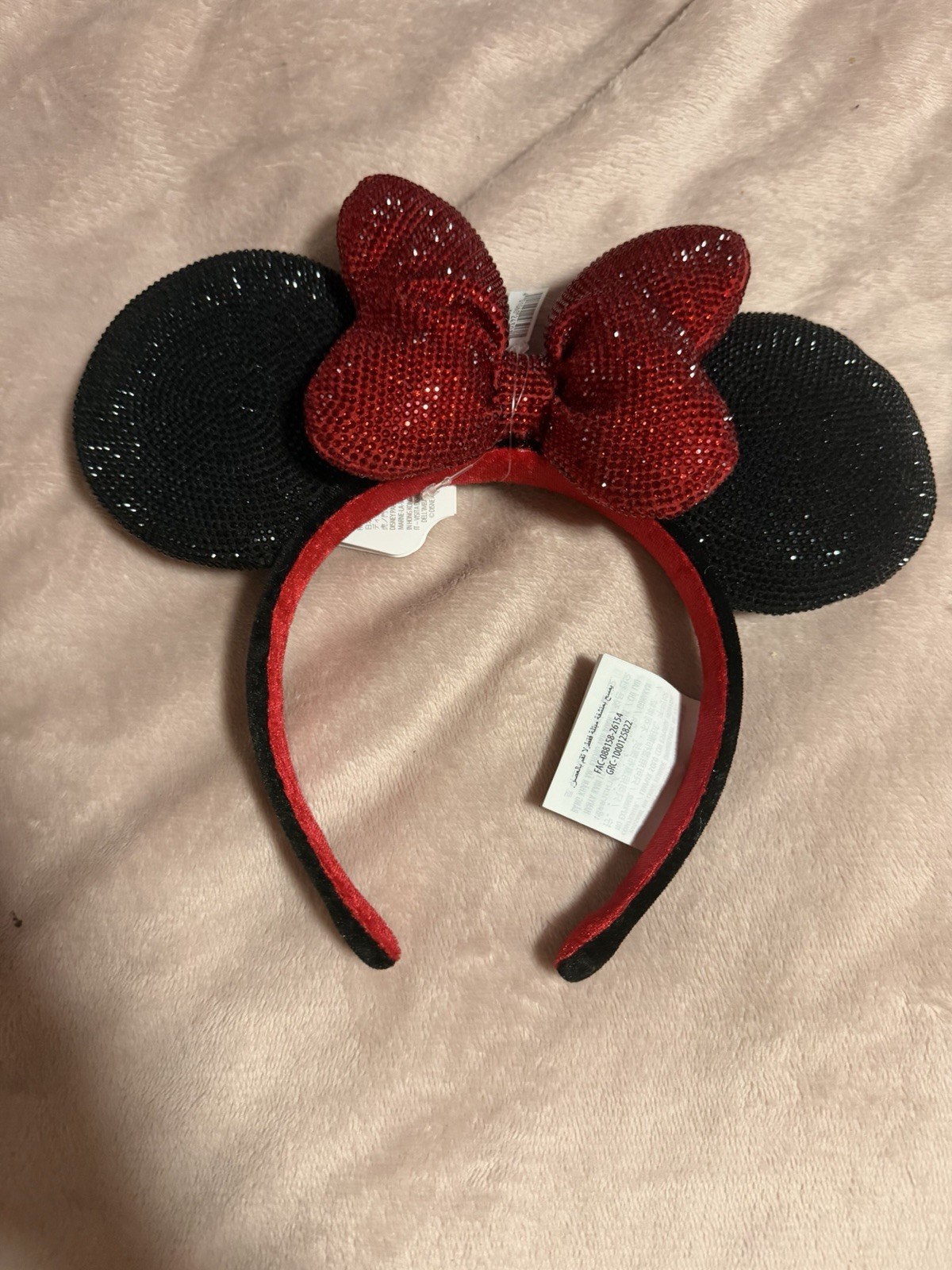 2026 Disney Parks Minnie Mouse Bow Black and Red Rhinestone Ears Headband 
