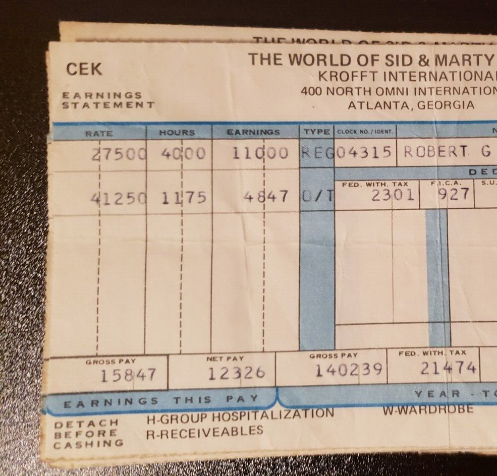 World of Sid and Marty Krofft amusement Park employee genuine paycheck stub READ