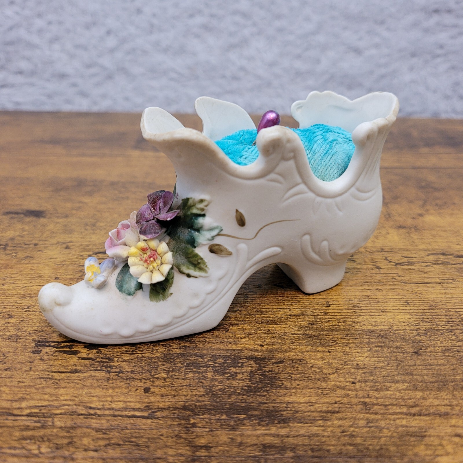 VTG Porcelain Bisque Victorian Shoe Figurine Hand Painted Pin Cushion