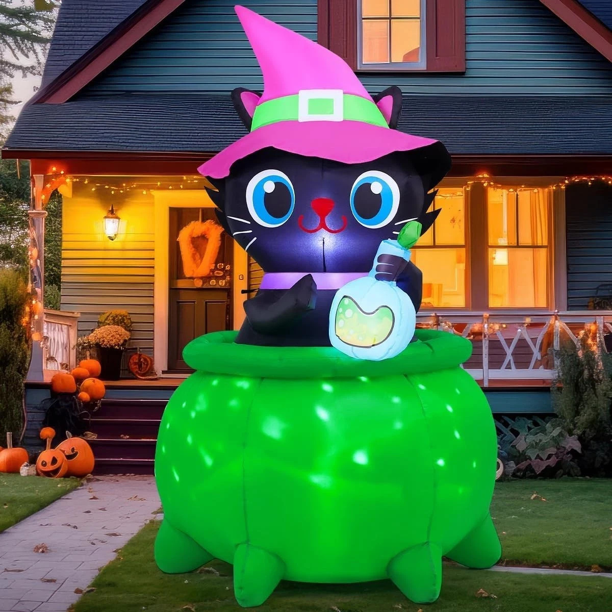 6 FT Halloween Inflatables Cat with Witch Cauldron Decoration Blow up Yard Decor 6 FT Halloween Inflatables Cat with Witch Cauldron Decoration Blow up Yard Decor