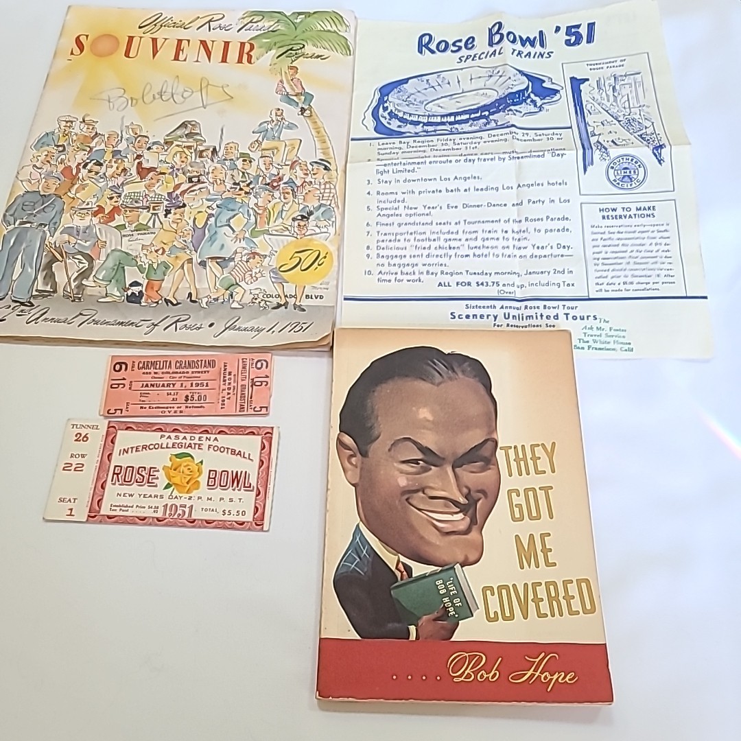 1951 Pasadena Tournament Of Roses Parade Souvenir Rose Bowl sign Bob Hope & book 1951 Pasadena Tournament Of Roses Parade Souvenir Rose Bowl sign Bob Hope & book