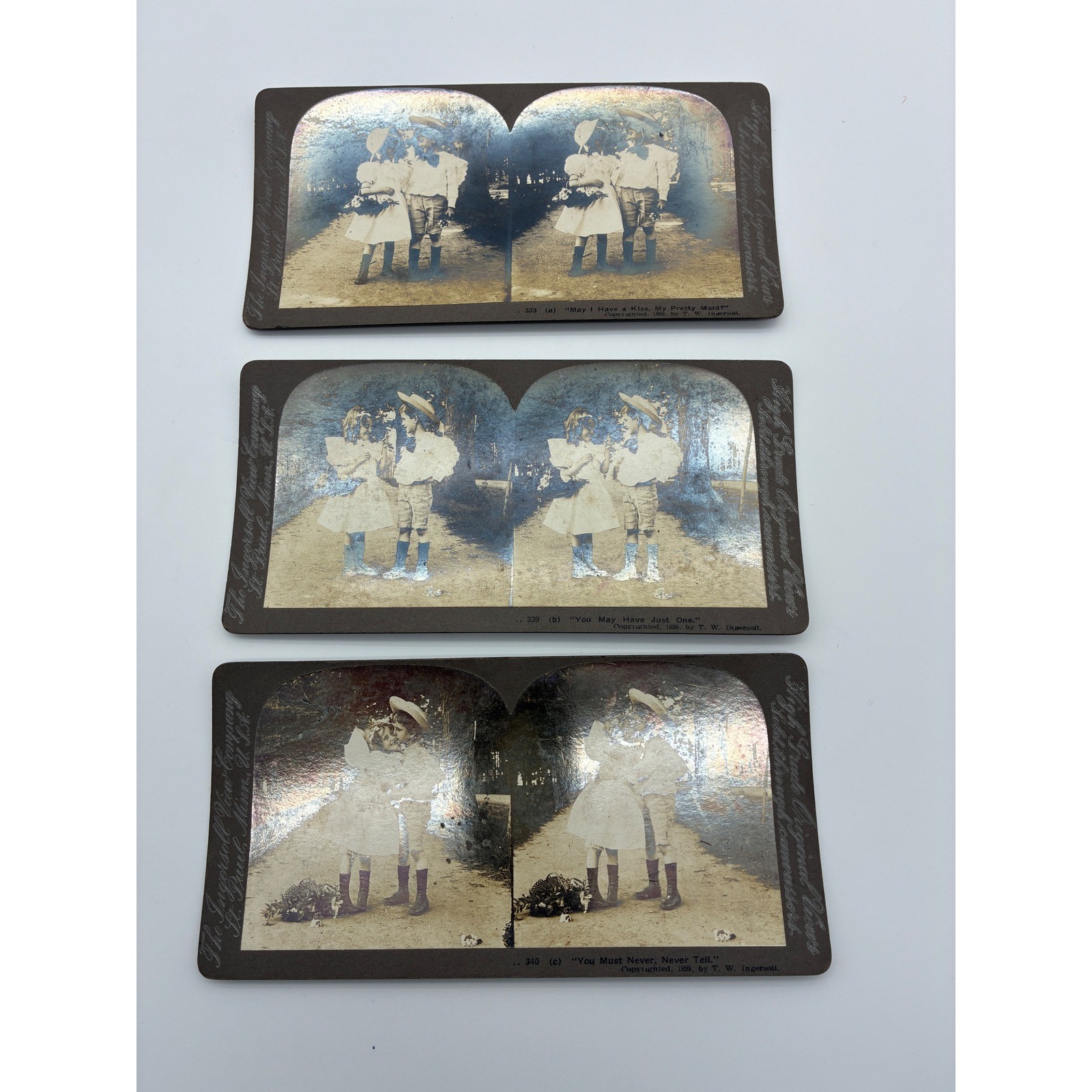 1899 Ingersoll View Co Stereoview Cards Set 338 339 340 Victorian Children Kiss 1899 Ingersoll View Co Stereoview Cards Set 338 339 340 Victorian Children Kiss