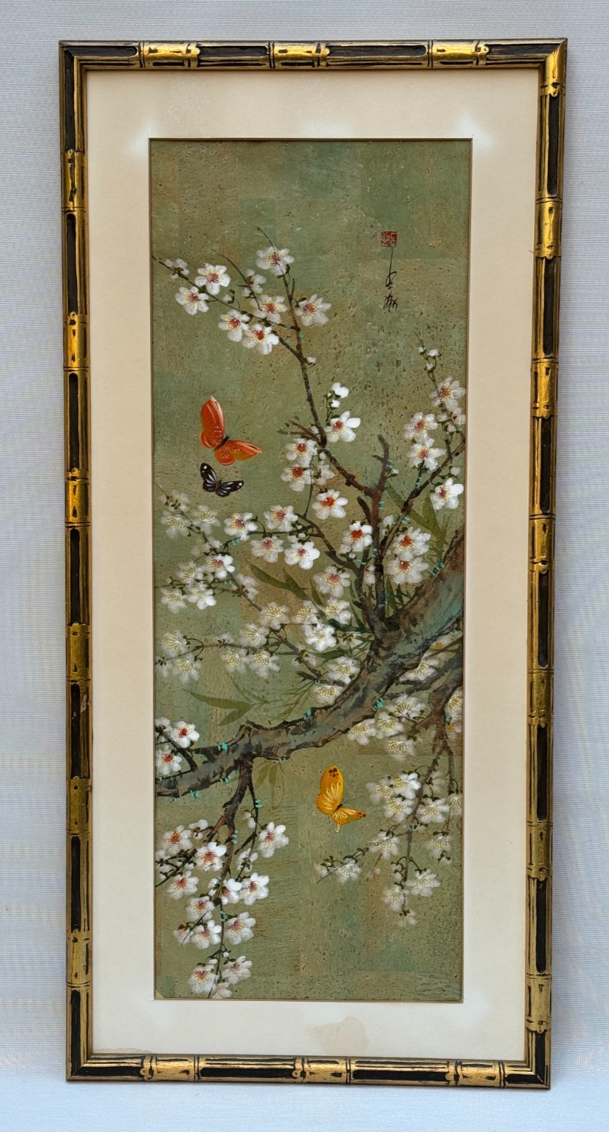 VINTAGE ASIAN CHINESE PAINTING BUTTERFLIES AMONG CHERRY BLOSSOMS LARGE FRAMED VINTAGE ASIAN CHINESE PAINTING BUTTERFLIES AMONG CHERRY BLOSSOMS LARGE FRAMED