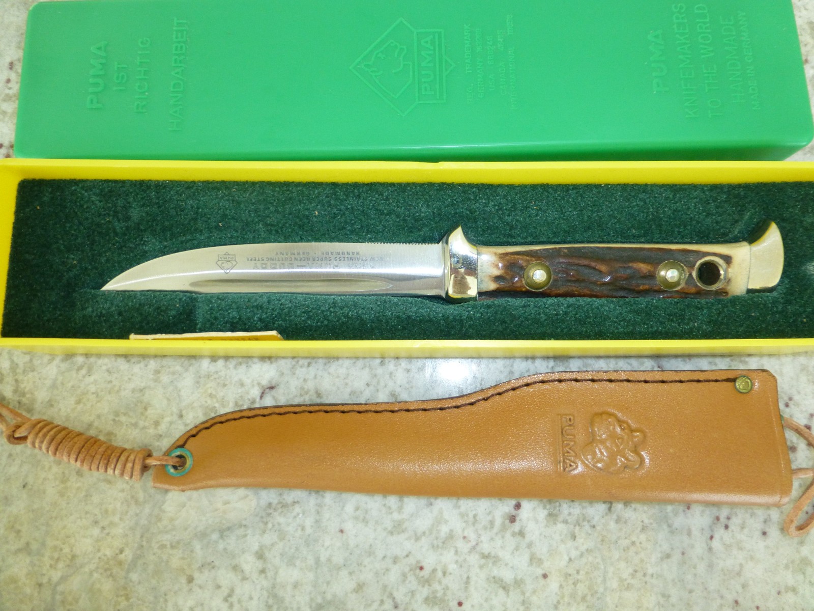 VINTAGE GERMAN PUMA KNIFE 6383 BUDDY KNIFE + CASE + LEATHER SHEATH