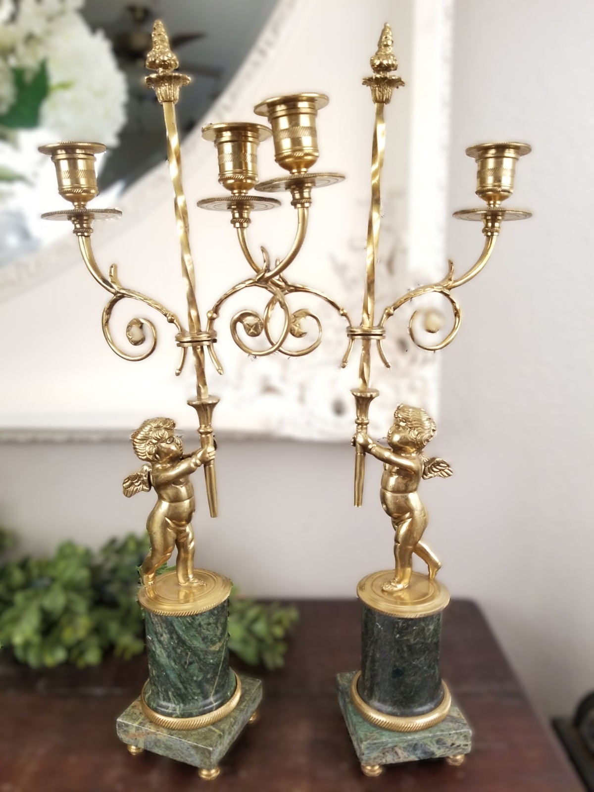 Antique Pr Empire Cherub Figure Gilt Bronze Ormolu Marble 2 Light Candelabras