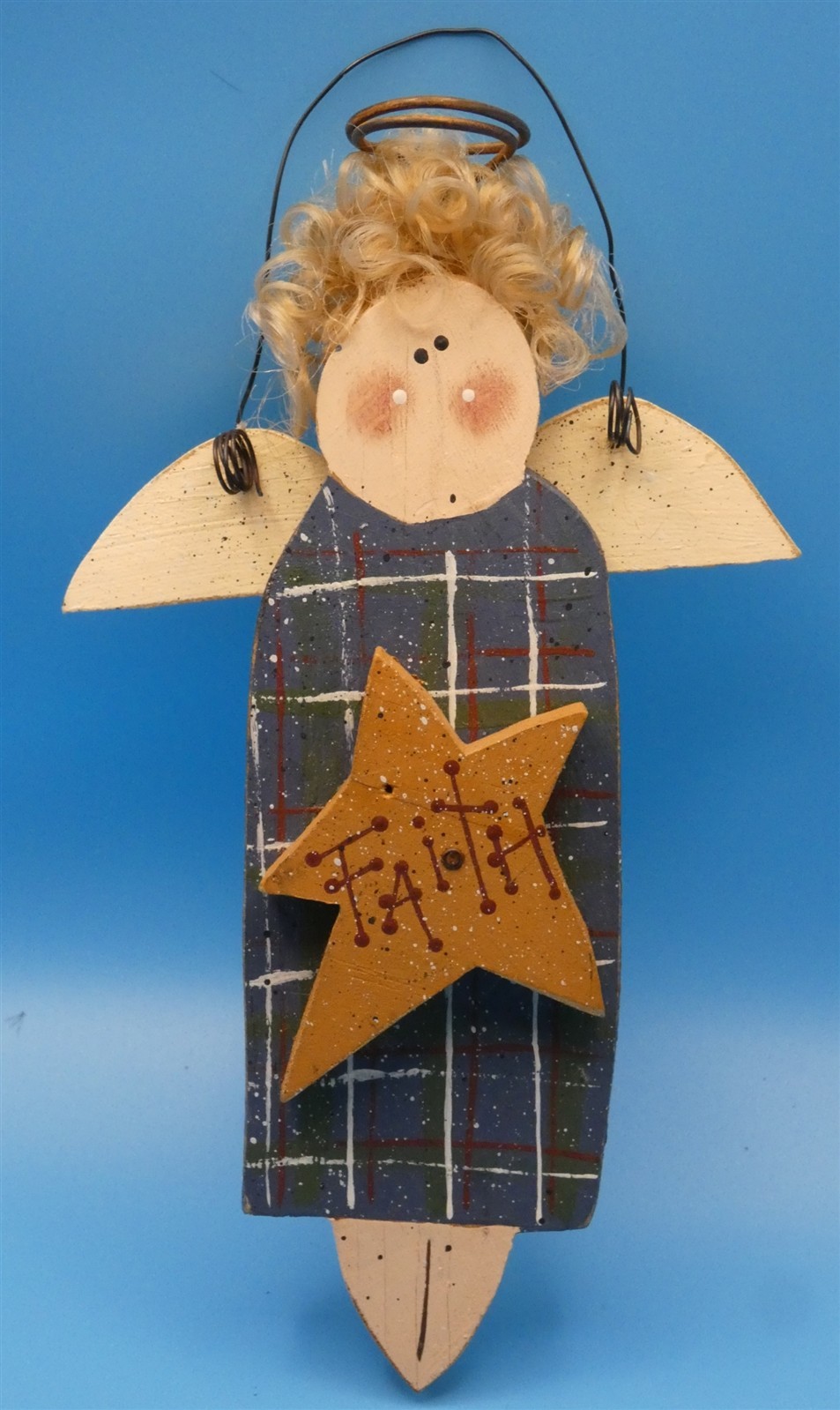 Vintage Primitive Wooden Angel Ornament Faith Star Blue Plaid Country Folk Art