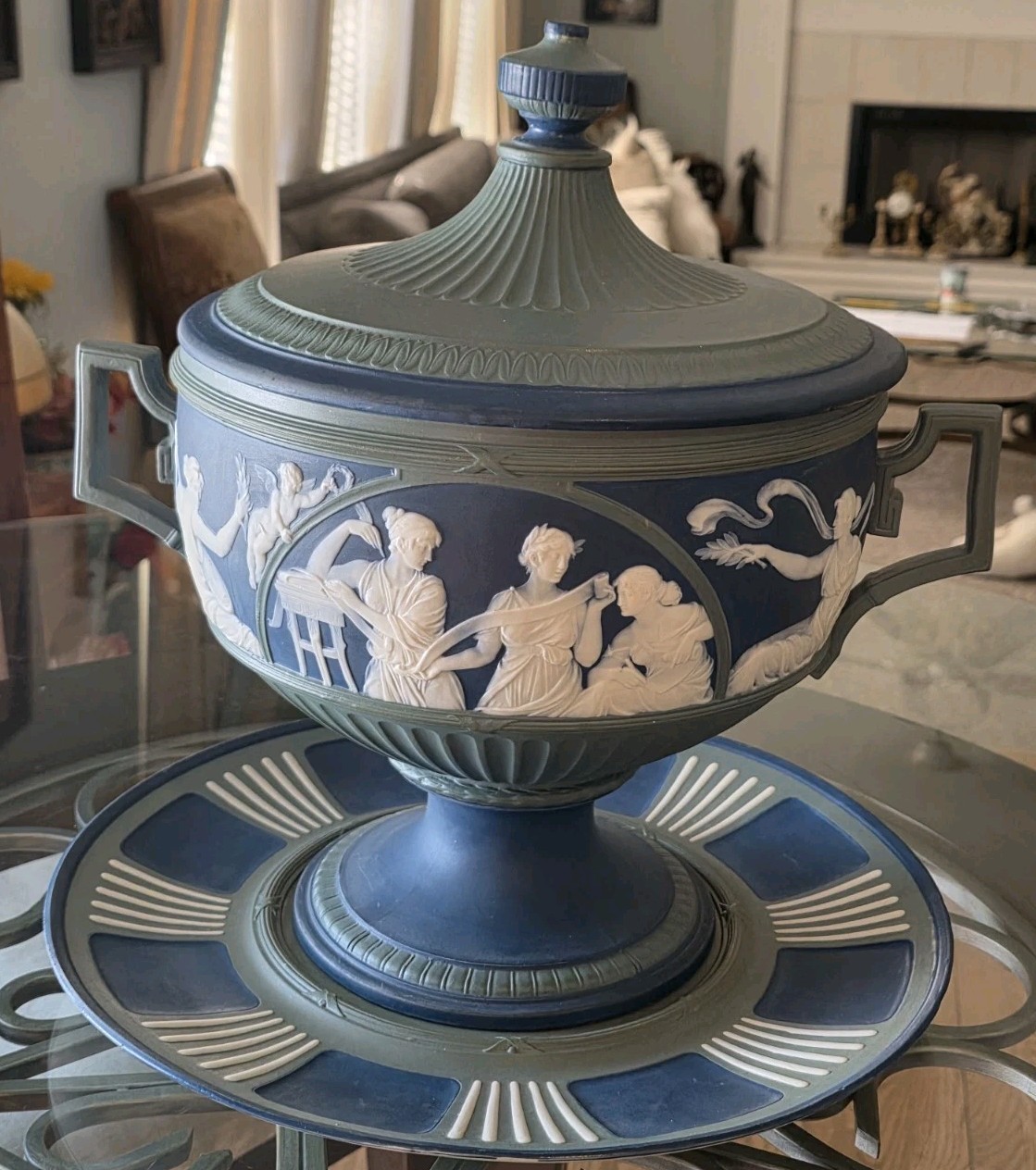 VERY RARE METTLACH CAMEO MUSES TUREEN WITH LID AND UNDER PLATE 3149