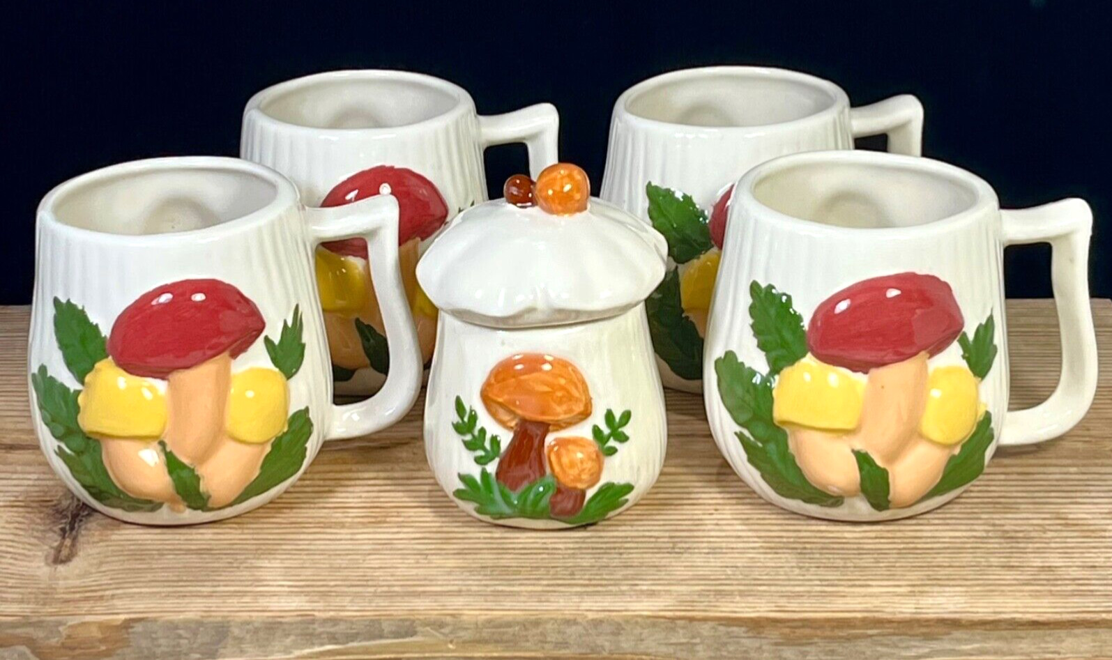 Vtg Arnel's Mushroom Coffee Mugs Cups Hand Painted 5 pc Retro 1970s