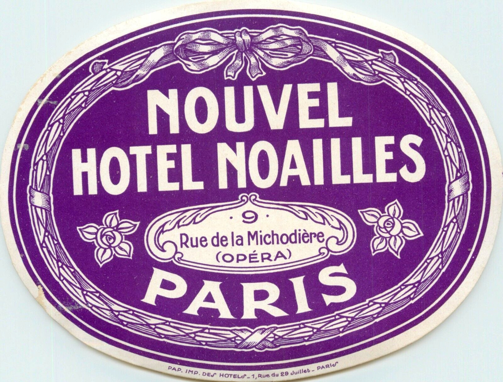Nouvel Hotel Noailles ~PARIS - FRANCE~ Beautiful & Large Luggage Label, c 1920