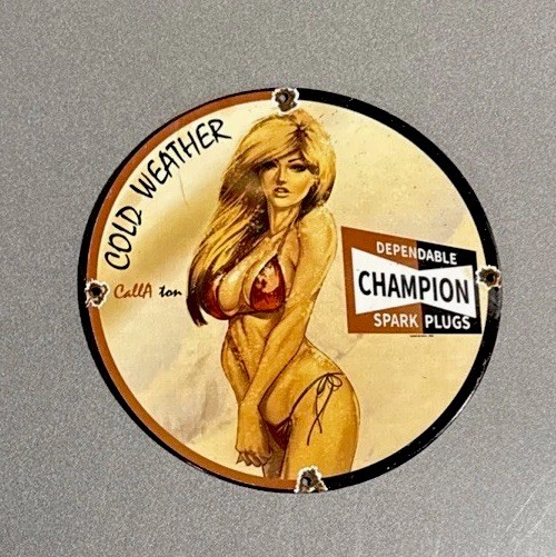 VINTAGE 12” CHAMPION SPARK PLUGS PORCELAIN SIGN CAR GAS OIL TRUCK MOTORCYCLE