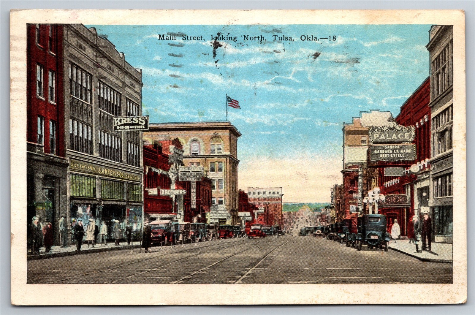 Main Street Looking North Palace Kress Tracks Cars Tulsa OK C1928 Postcard K19