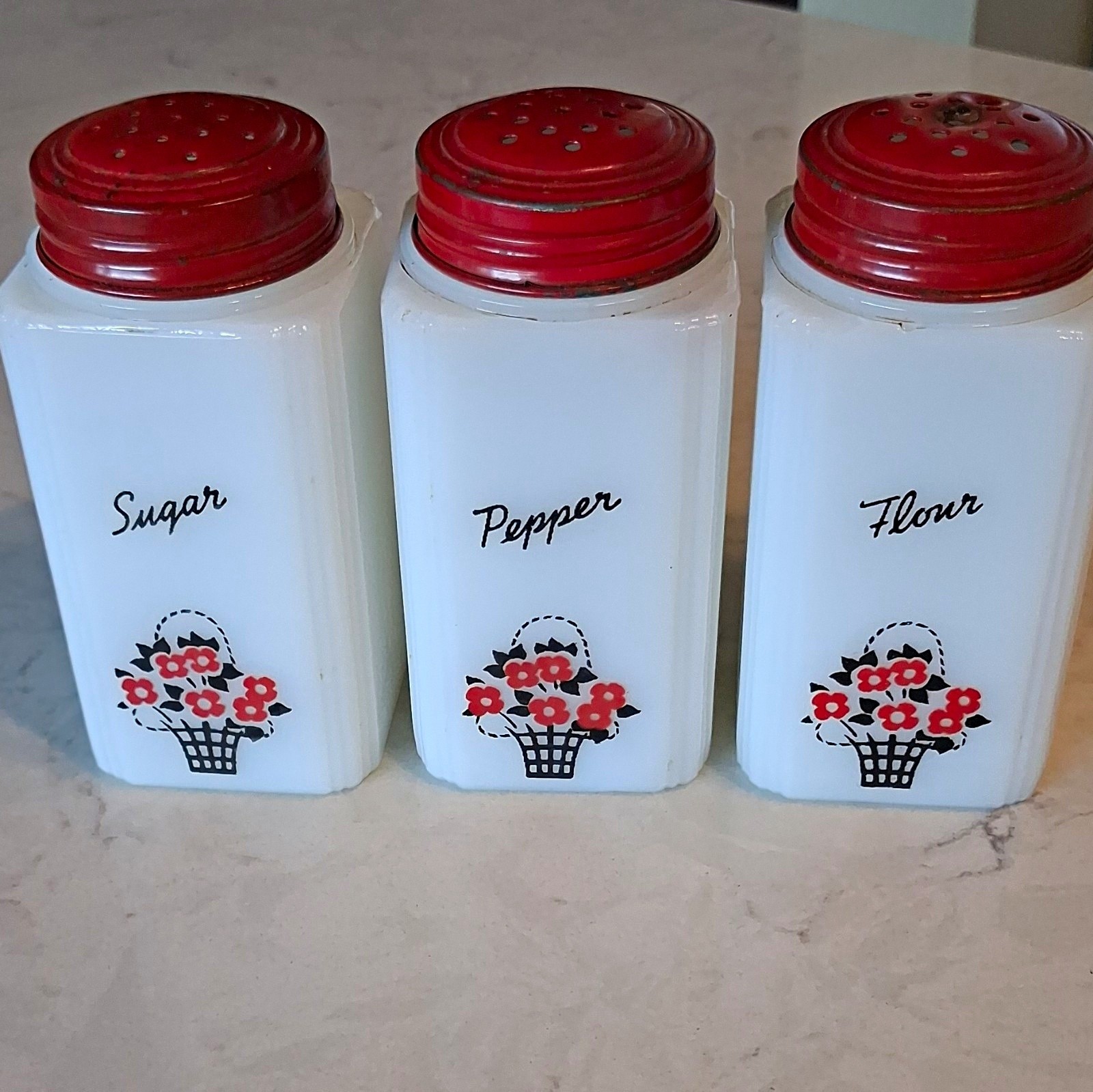 Vtg Tipp City Milk.Glass Floral Counter Jars Set  of Three
