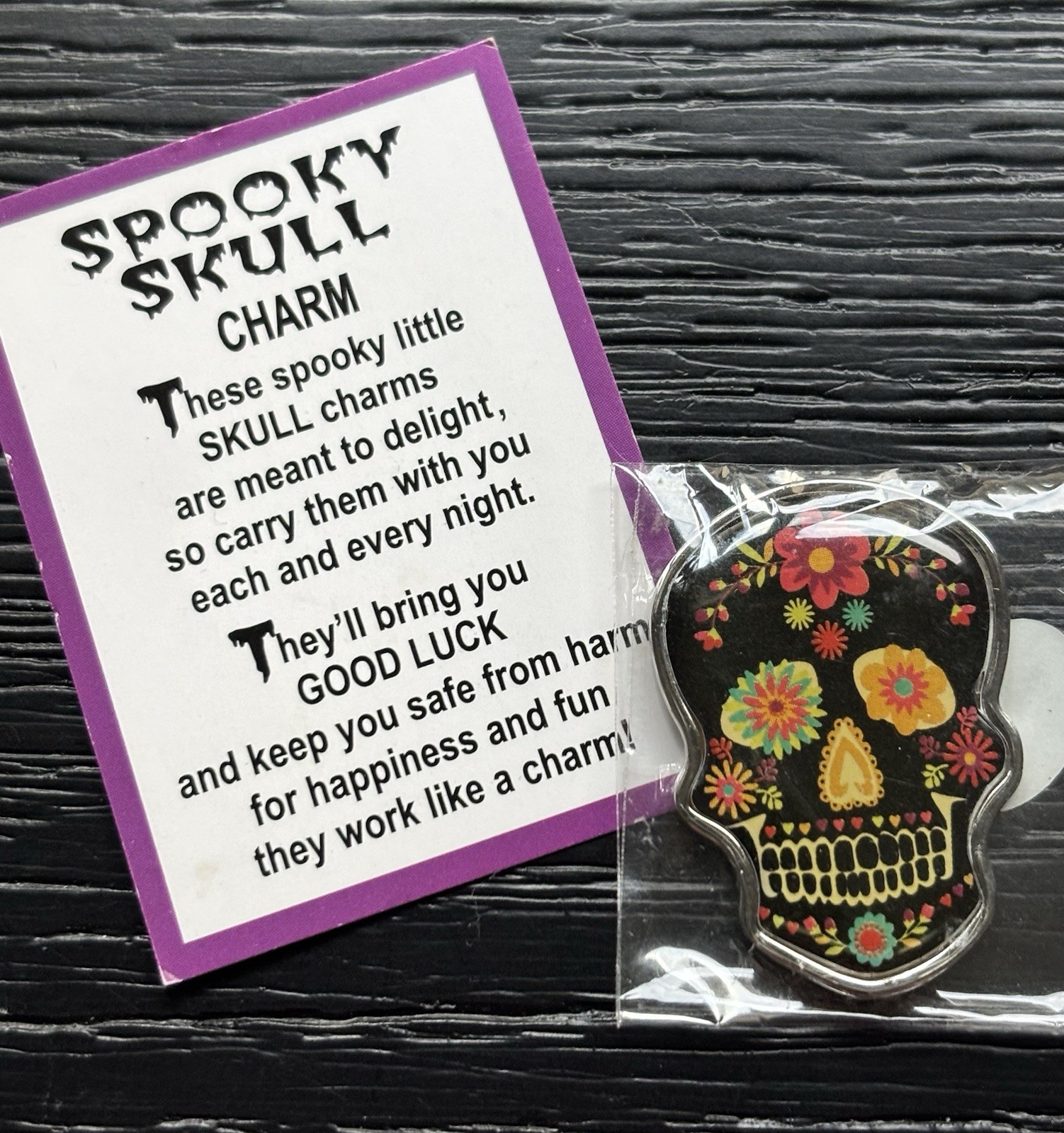 Enameled Black Spooky Skull Charm 1.25” Day Of The Dead Halloween Talisman