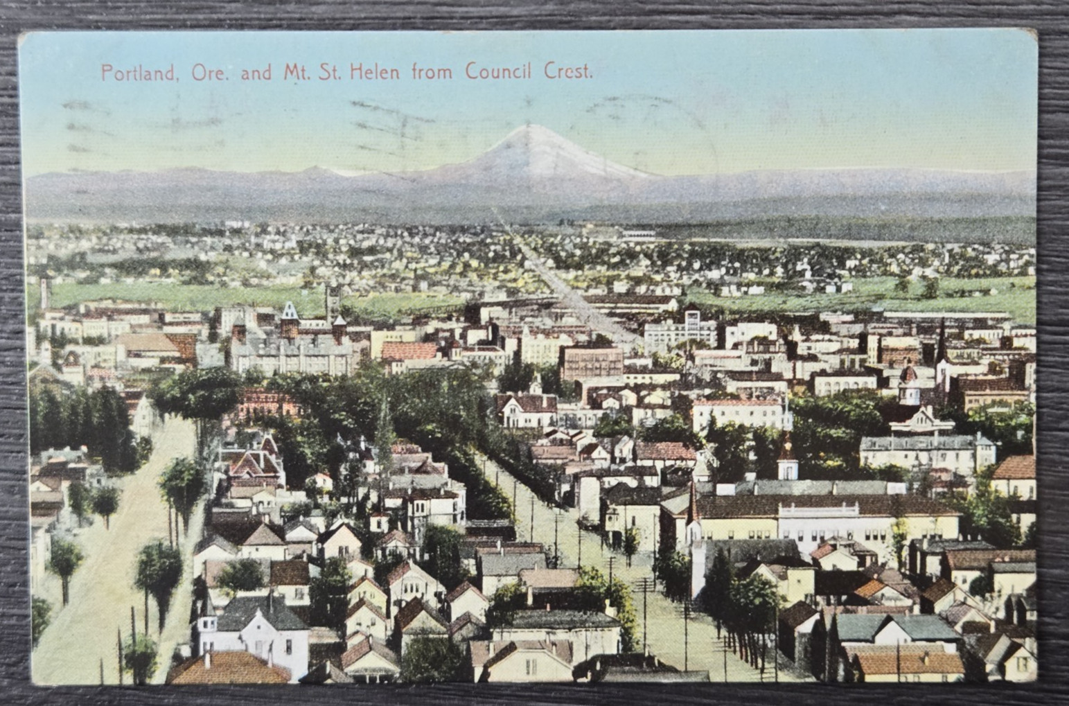 1909 Postcard Aerial City View Portland OR & Mt St Helens from Council Crest