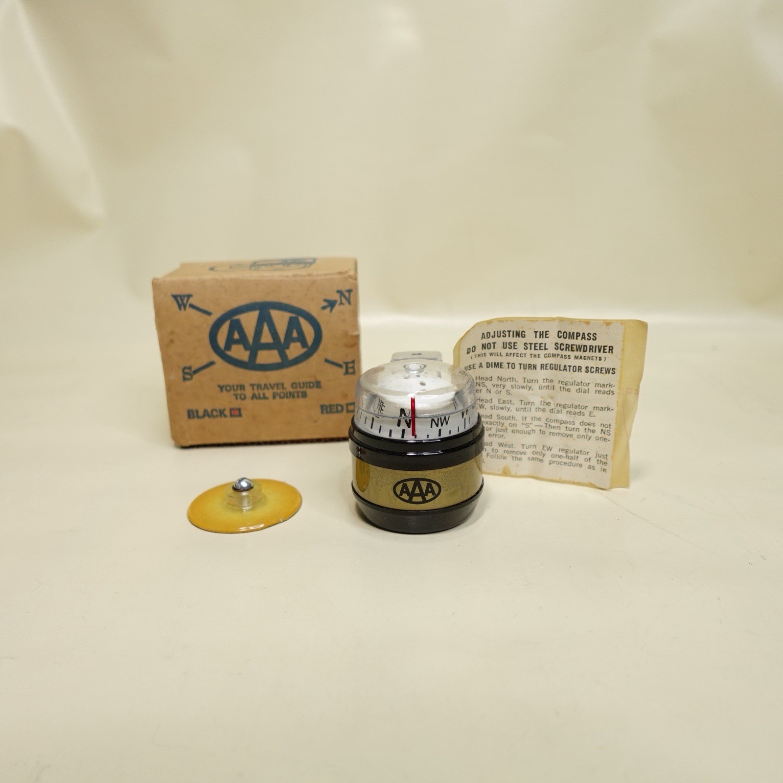 NOS Vintage AAA Dash Mount Compass Black with Box, Instructions, Bracket NOS Vintage AAA Dash Mount Compass Black with Box, Instructions, Bracket