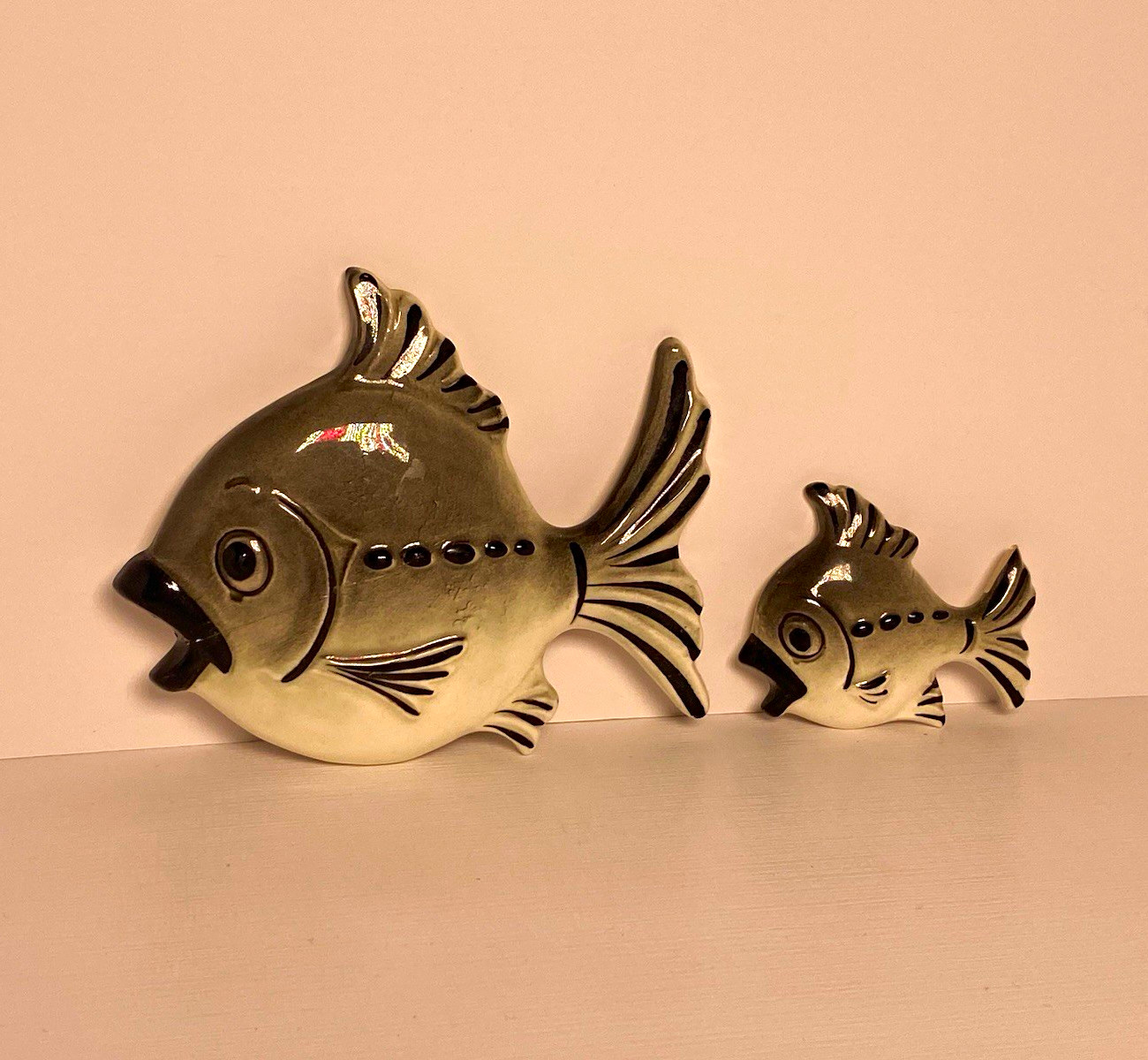 Ceramic Fish Wall Plaque Set of 2, Large & Small, Gray/White/Black MGM 1950s