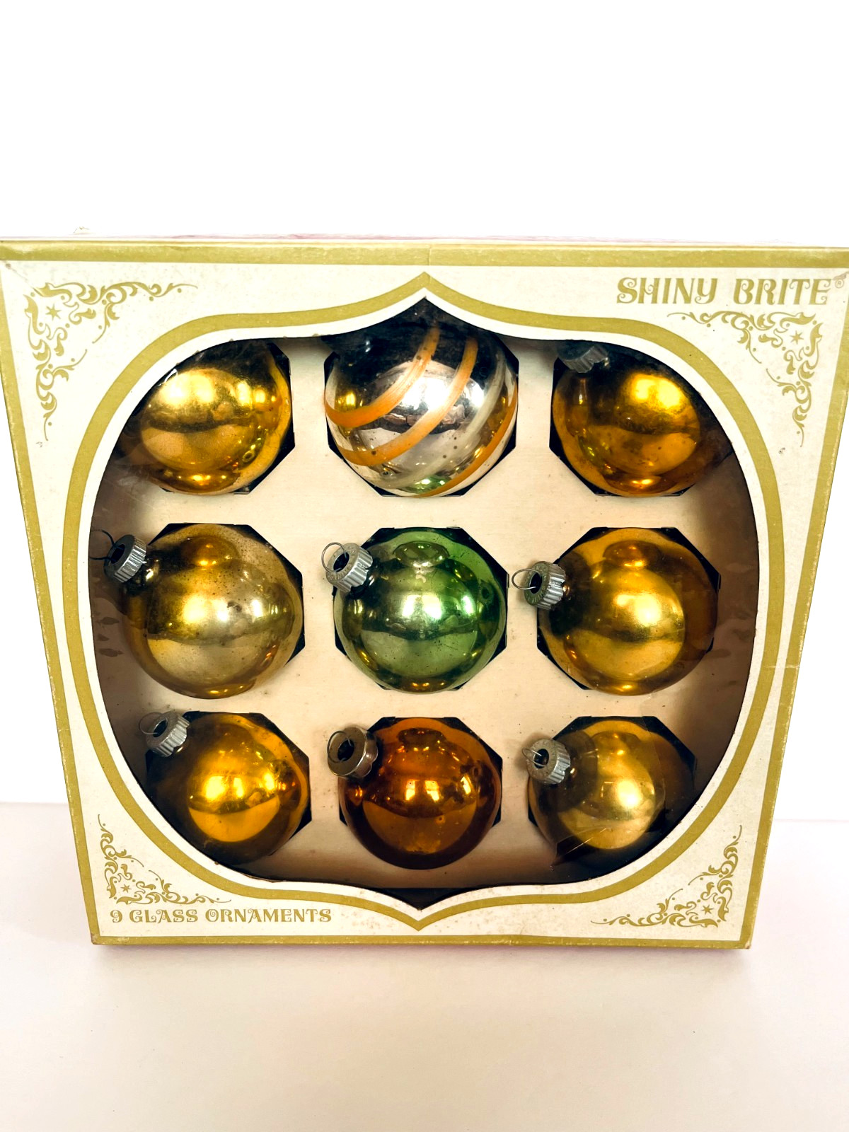 Vintage set 9 Shiny Brite glass round tree ornaments USA original box Vintage set 9 Shiny Brite glass round tree ornaments USA original box