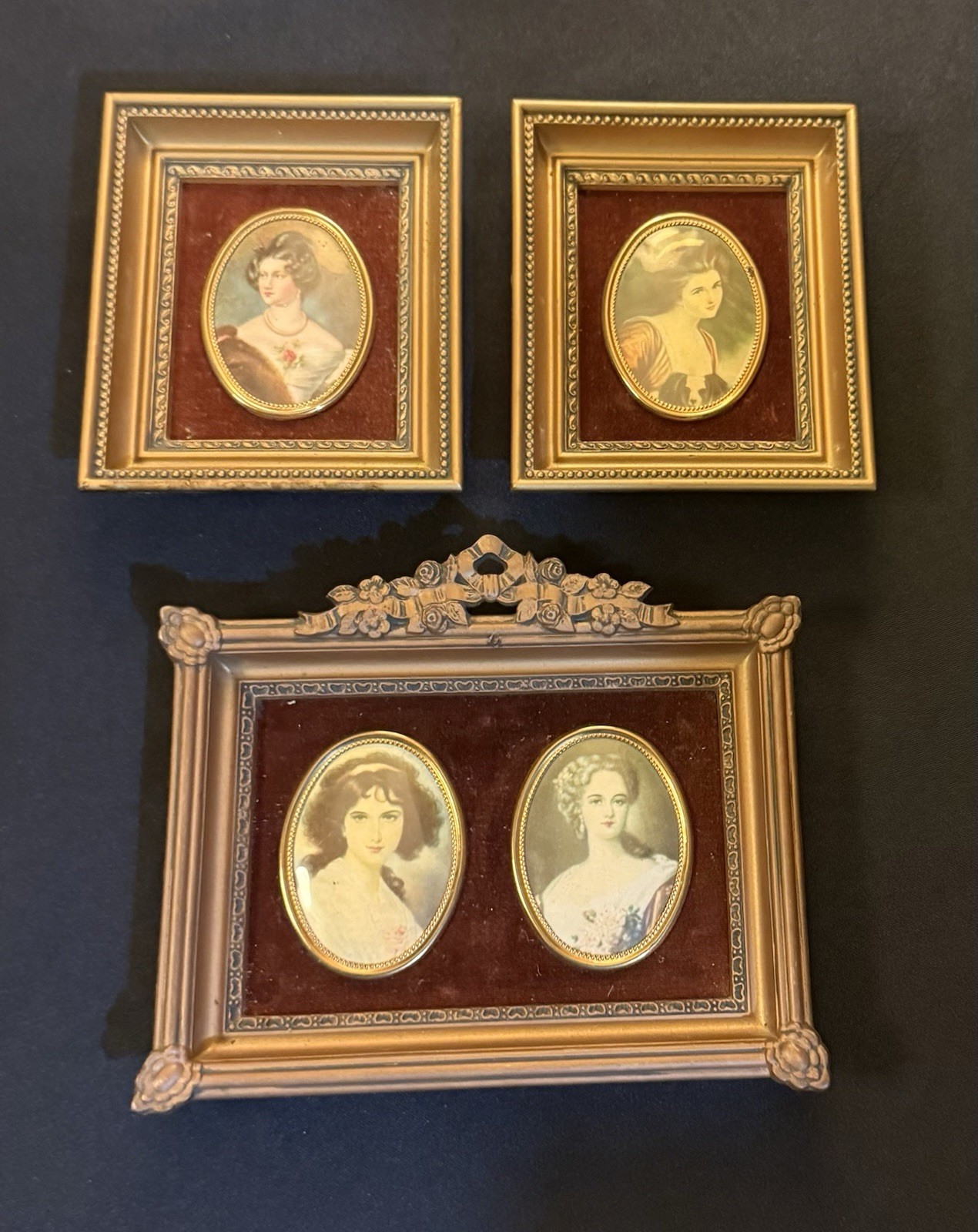 Trio of Vintage Cameo Creations Portraits in Ornate Gold Frames Red Velvet