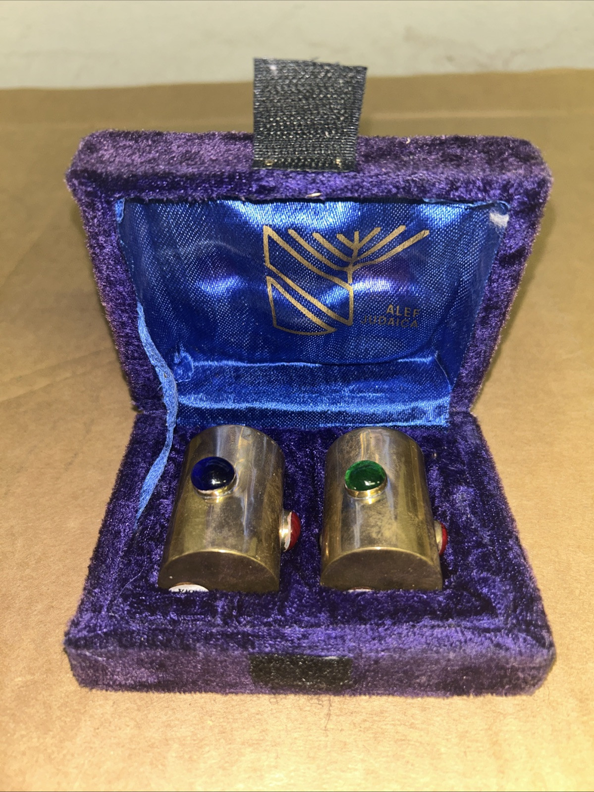 Vintage Alef Judaica Brass Jeweled Cabochon Brass Candlestick Holders India