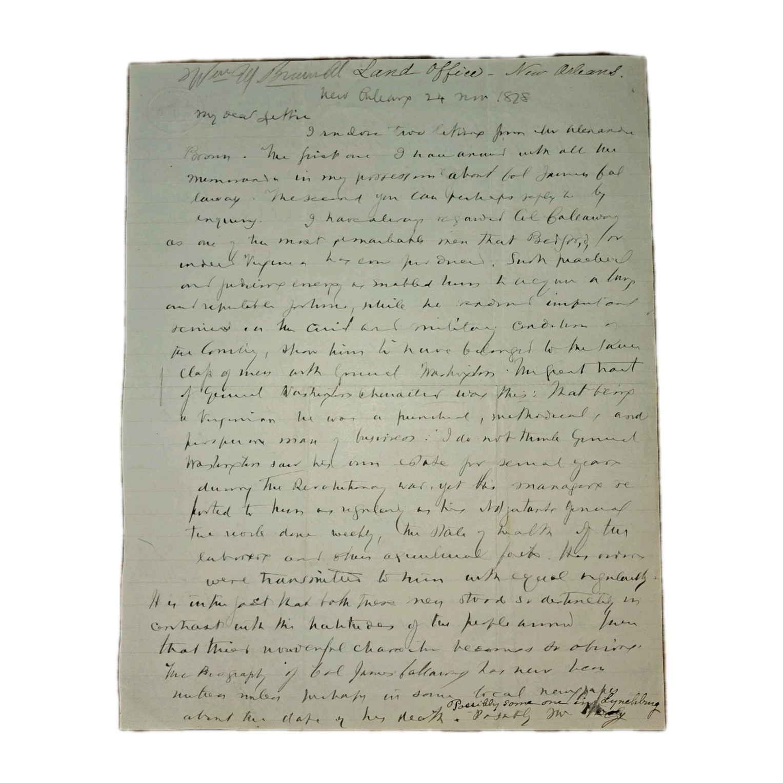 1828 ALS Wm M Burwell Letter re Col James Callaway, Daniel Boone & Mohicans