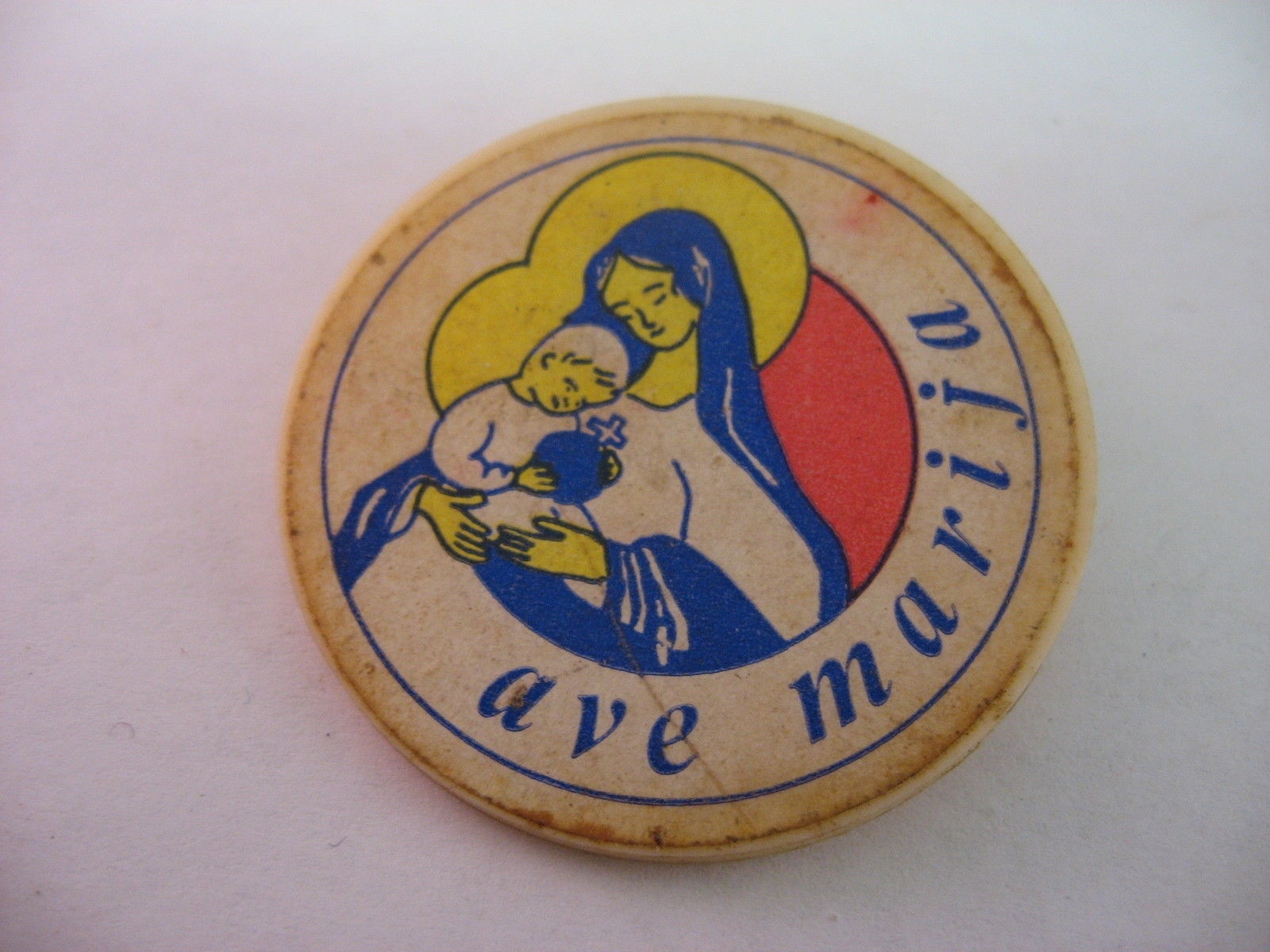 Vintage Religious Pinback Button Madonna & Child Ave Marija Slavic Catholic Art