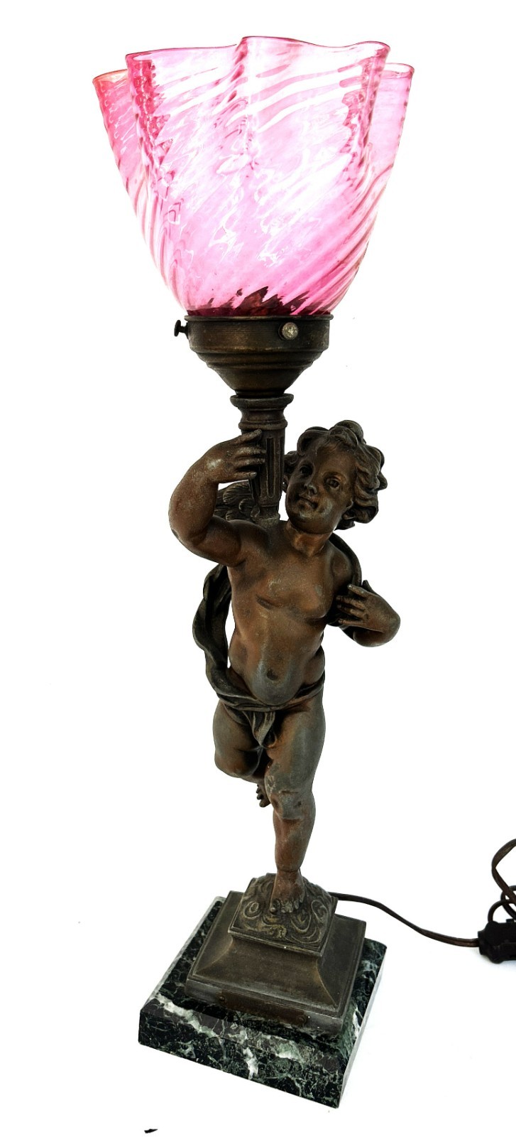 19th C. Spelter Cherub Figural Lamp w/ Cranberry Glass Swirl Shade, Marble Base